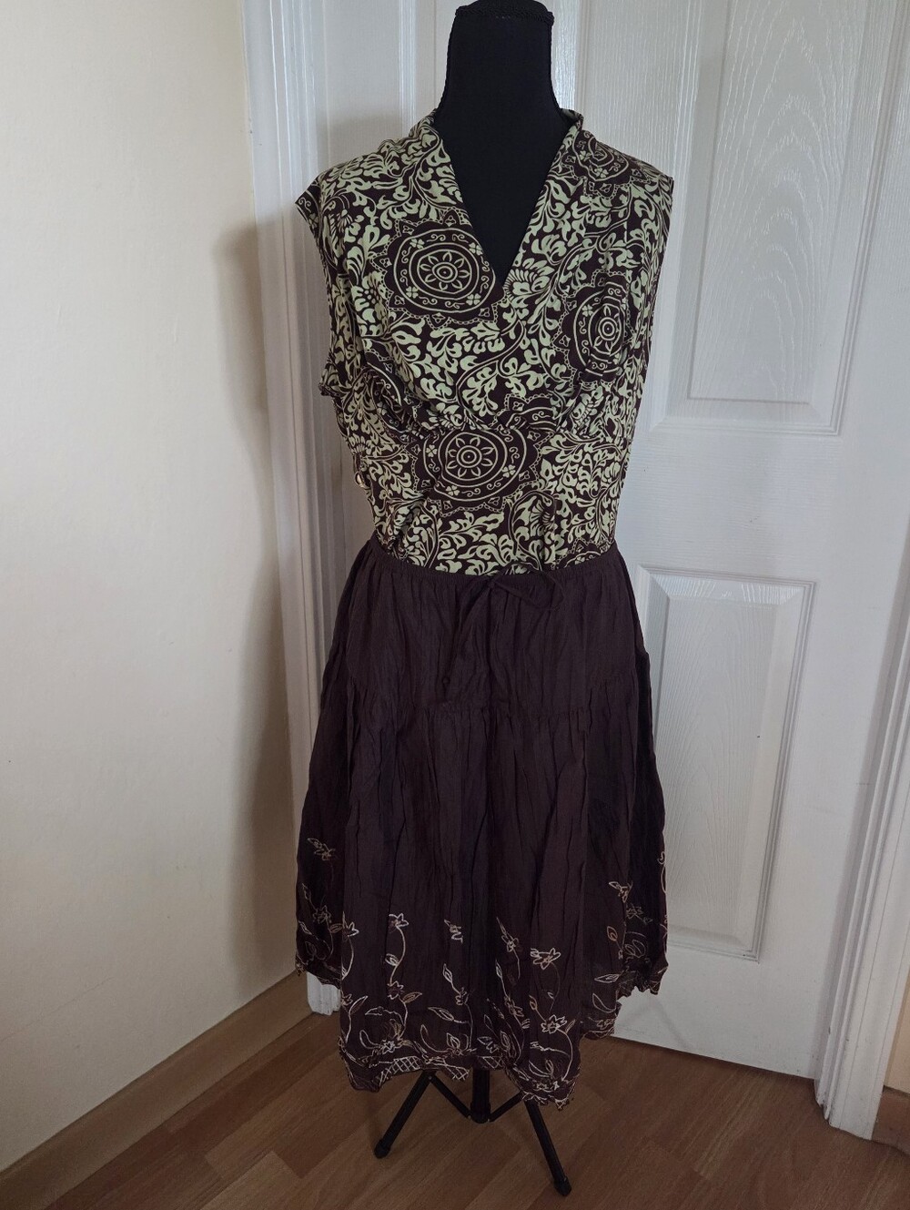 JKLA California brown & green 2 piece skirt & top set boho Hippie Cottagecore XL